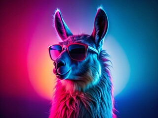 Obraz premium Cool Llama Sunglasses Silhouette Pink Blue Sunset Background Stock Photo