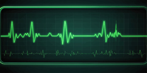 Green line ECG showing a heartbeat pulse on a medical monitor for healthcare