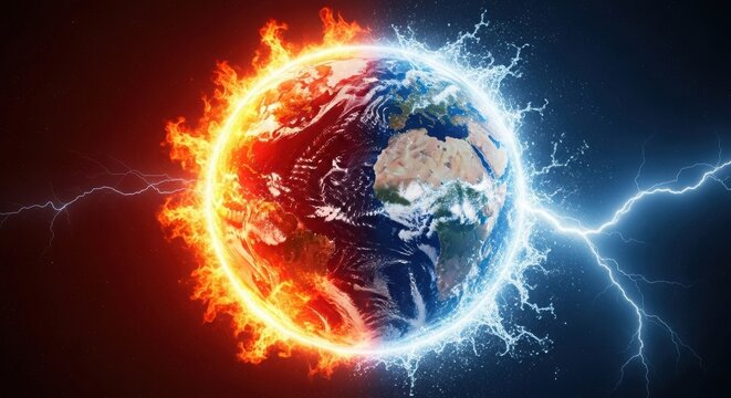 Planet earth split in half with one side engulfed in fire and the other in icy lightning