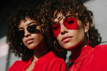 Two young females in red outfits with sunglasses under sunlight