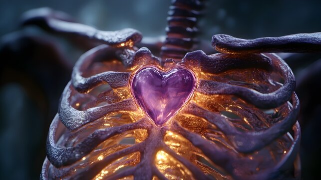 This conceptual artwork features a glowing heart encased in a rib cage, representing the essence of life and love