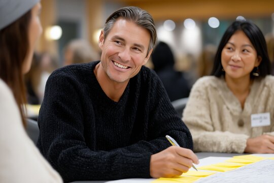 Young caucasian male and asian female enjoying group activity in casual setting