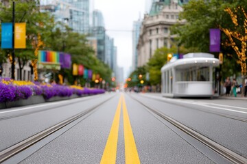 Empty city street with tram and colorful banners in urban landscape