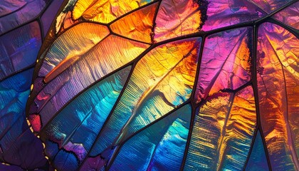 Vibrant Abstract Mosaic of Colorful Iridescent Glass Panels Reflecting Light in a Kaleidoscopic Pattern