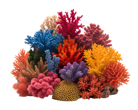 Vibrant cluster of colorful artificial coral reef plants isolated on transparent background