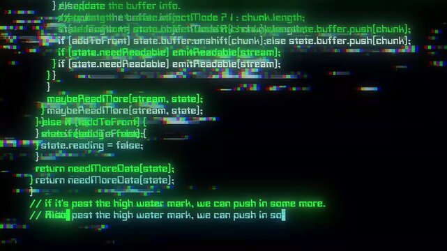 Glitchy green code scroll. Digital data stream with glitch effects.