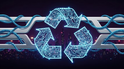 Futuristic Neon Recycle Symbol with Circuitry over Cityscape and Cables
