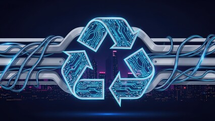 Futuristic Digital Recycle Symbol with Circuit Board Design and Cityscape Background