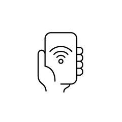 Hand holding phone and wi-fi. Smartphone setup, connectivity and hotspot. Pixel perfect, editable stroke vector icon