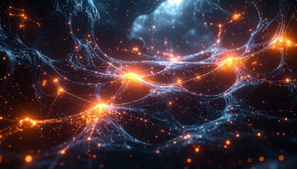 Obraz premium Abstract interconnected glowing nodes representing a digital network or artificial intelligence with a dark cosmic background
