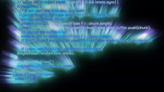 Futuristic terminal interface. Animated code with neon blue highlights and distortions.