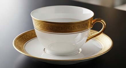 Elegant white bone china teacup with golden details on dark surface