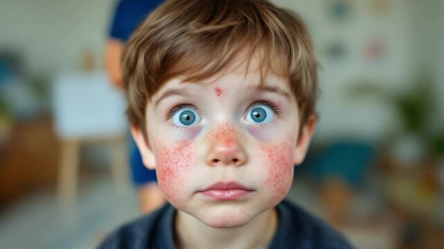 Surprised caucasian young boy with freckles wide-eyed indoors