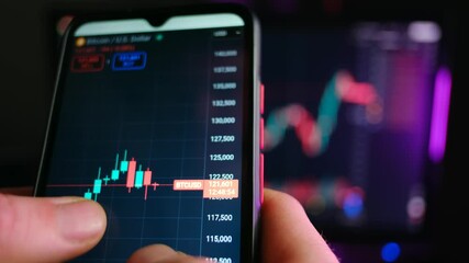 Close up of a trader's hand holding a smartphone, analyzing the bitcoin to us dollar - btcusd - price chart with candlesticks while another financial market graph is visible in the background - Powered by Adobe