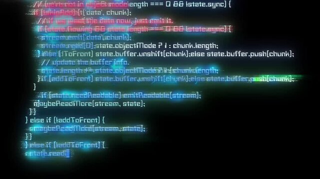 A cyberpunk style coding screen. Scrolling through the code with the effects of electrical failures and glow.