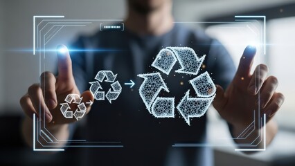 Futuristic Holographic Recycling Symbol Interacting with Digital Interface by Person