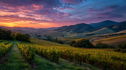 Naklejka premium Vibrant Sunset Over Cultivated Field with Rows of Crops and Rolling Hills in the Distance
