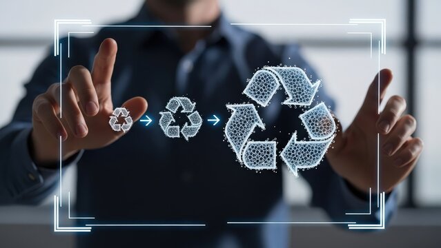 Mans Hand Interacting with Futuristic Digital Recycling Symbol Evolution
