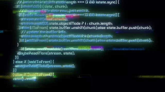 System overload simulation. Glitching code in terminal style. Glitch effects.