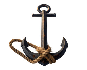 A weathered antique nautical anchor with a thick rope tied around its flukes isolated on transparent background