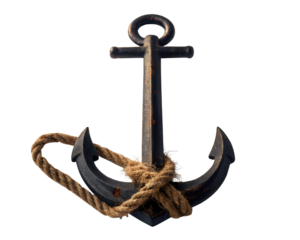 A weathered antique nautical anchor with a thick rope tied around its flukes isolated on transparent background