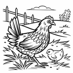 black and white coloring page hen in the farm with her chick