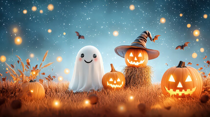 Cute smiling ghost with glowing scarecrow pumpkin celebrating fantasy halloween night. Adorable jack o lantern light up magic field