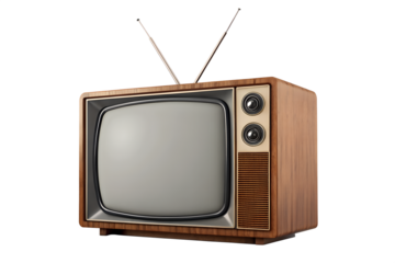 Vintage wooden television with rabbit ear antennas isolated on transparent background
