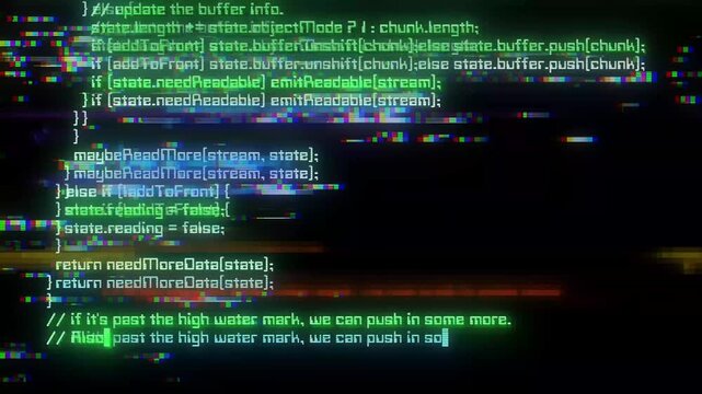 Hacker terminal glitch. Streaming java script code on black screen.