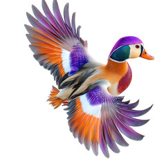 Mandarin Duck Bird Flying full body view isolated on white or transparent background 