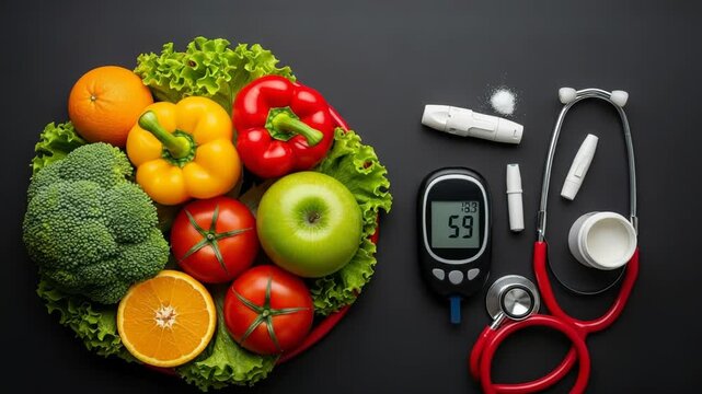 Healthy food and diabetes monitoring tools on black background