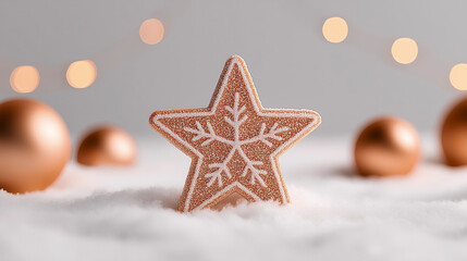 Golden star shaped christmas cookie with snowflake pattern standing in snow among blurred festive ornaments