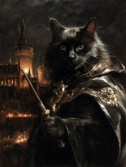 A regal black cat dressed in a dark cloak and golden ornament stands with a wand, set against the backdrop of a mysterious castle at night. The gothic atmosphere exudes power and magic. Concept of mys