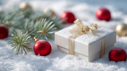 Christmas gift box with golden ribbon placed in snow among red ornaments and pine branches