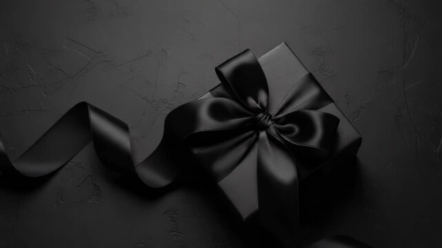 Elegant black gift box with satin ribbon on dark textured background