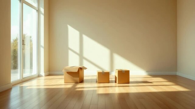Sunlit empty room with cardboard boxes on wooden floor
