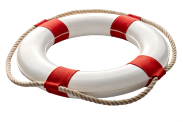Classic white and red life preserver ring with rope detail isolated on transparent background