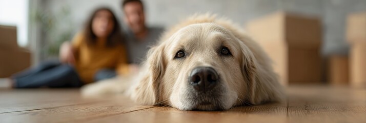 Golden retriever dog lying on a wooden floor, looking at the camera, with its owners in the background surrounded by moving boxes, representing family, new beginnings, and home relocation