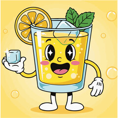 Retro Cartoon Glass of Lemonade Mascot Holding an Ice Cube