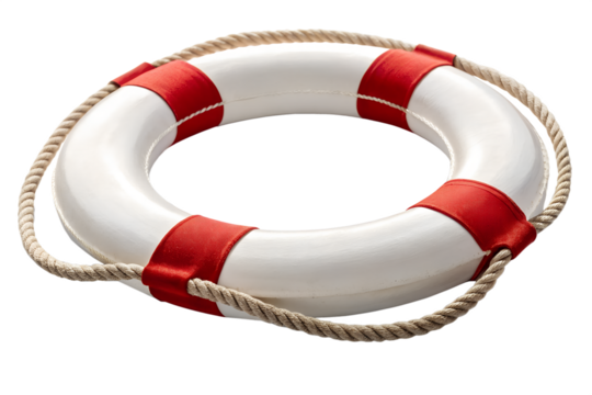 Classic white and red life preserver ring with rope detail isolated on transparent background
