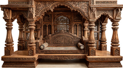 Naklejka premium Intricately Carved Wooden Diwan Structure on White Background Showcasing Traditional Architectural Beauty