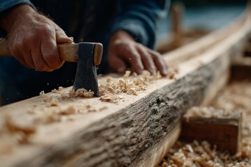 Caucasian male artisan carving wood with axe - focused close-up of craftsmanship