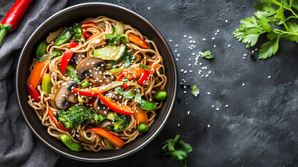 Bowl of noodles with vegetables, homemade comforting dish concept
