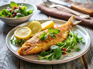 Crispy Fried Fish with Lemon & Dandelion Salad on White Plate