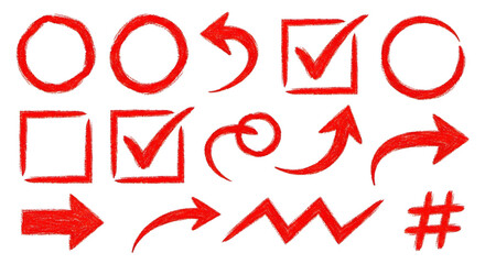 Red hand drawn arrows circles check marks and shapes for marking and highlighting vector illustration