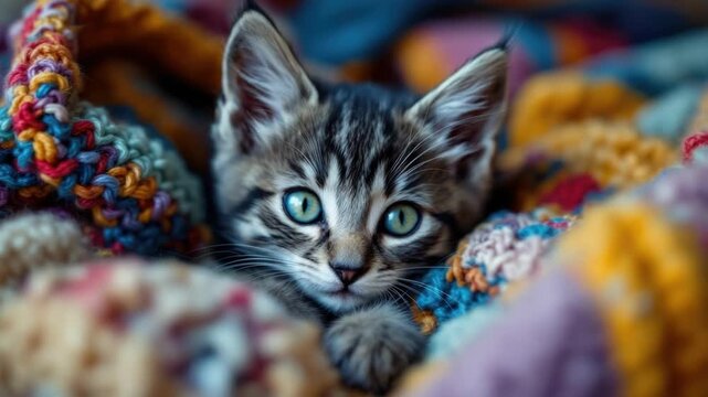 Adorable kitten nestled in colorful knitted blanket with bright green eyes