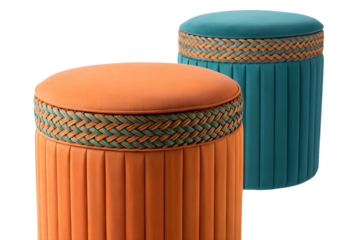 Two colorful woven cylindrical ottomans with cushioned tops isolated on transparent background