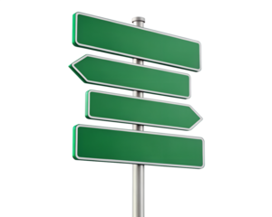 Four blank green directional street signs on a metal pole isolated on transparent background