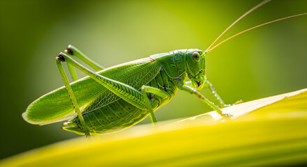 Green grasshopper resting on a vibrant leaf in sunlight