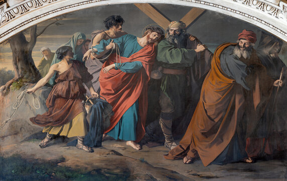 SALZBURG, AUSTRIA - SEPTEMBER 6, 2025: The painting of Simon of Cyrene help Jesus to carry his cross in the Cathedral by Ludwig Gl&ouml;tzle from second half of 19. cent. 